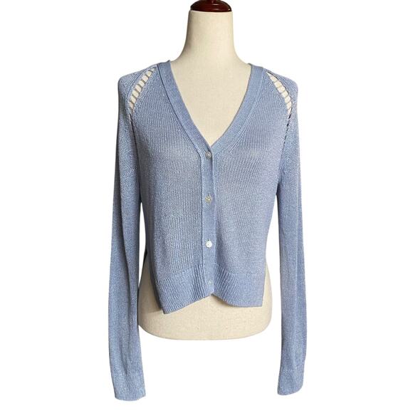 Theory Hanelee Linen Viscose Cropped Knit Cardigan Womens P Blue Minimalist Chic - Picture 1 of 14